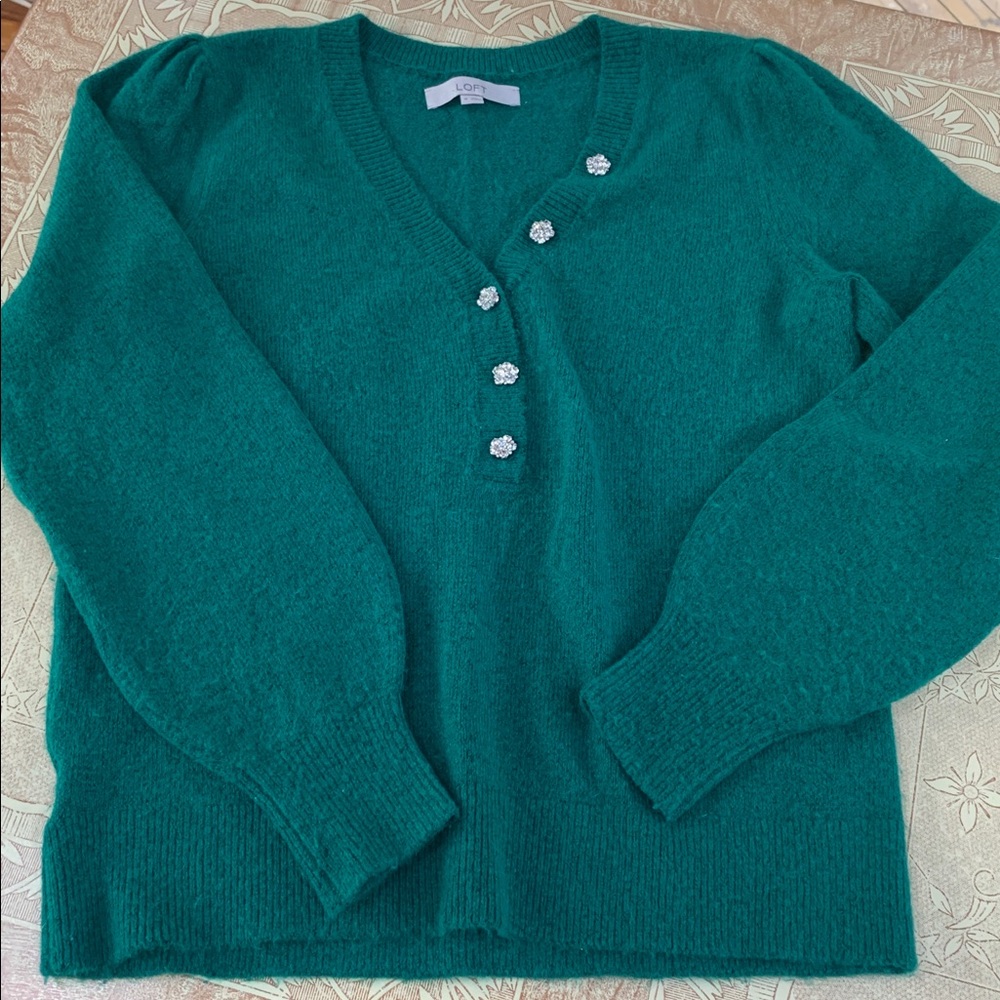Green Loft Sweater M with rhinestone buttons